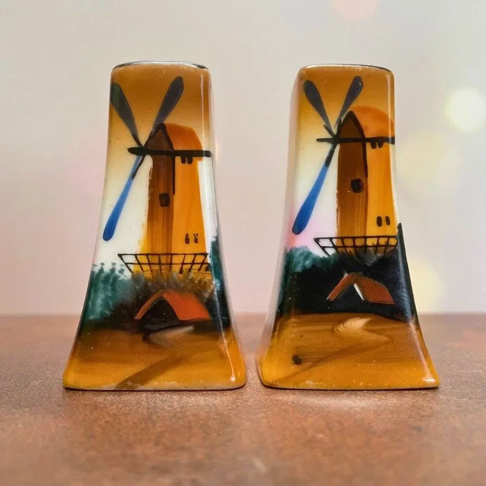 Vintage Windmill Salt & Pepper Shakers – Gold Leaf Tops, Porcelain 1940's